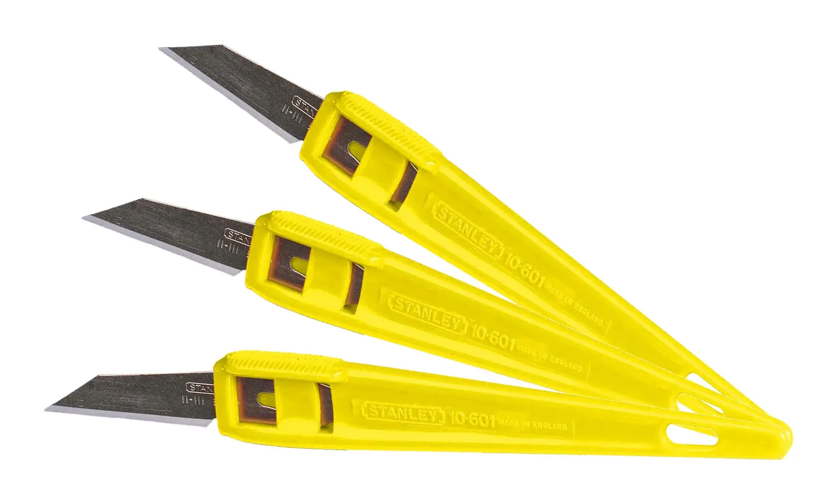 STANLEY 0-10-601 set of three yellow utility knives with fixed blades, top view on white background.