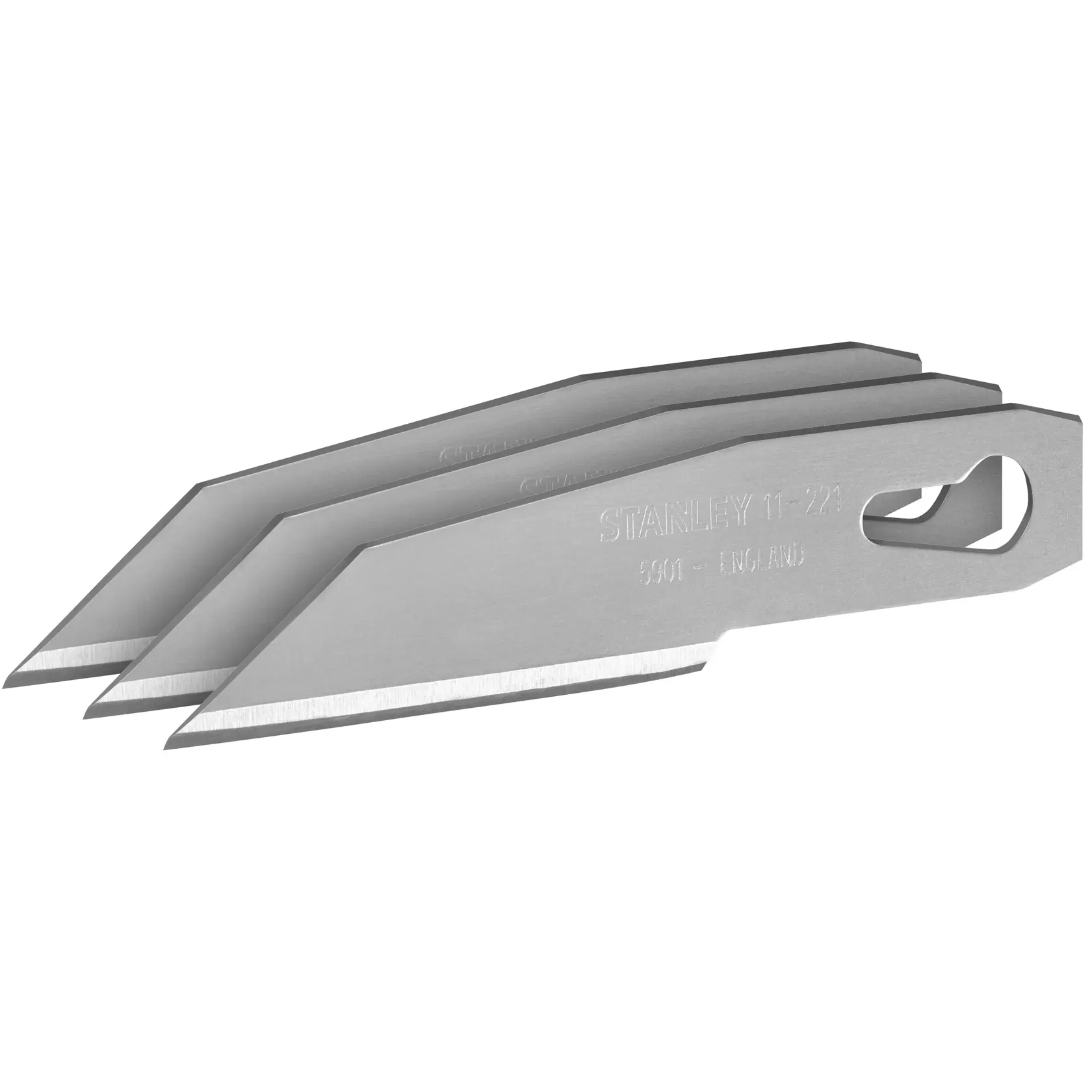 STANLEY 0-11-221 utility knife blades, pack of three, silver, straight edge, photography, side angle, white background.