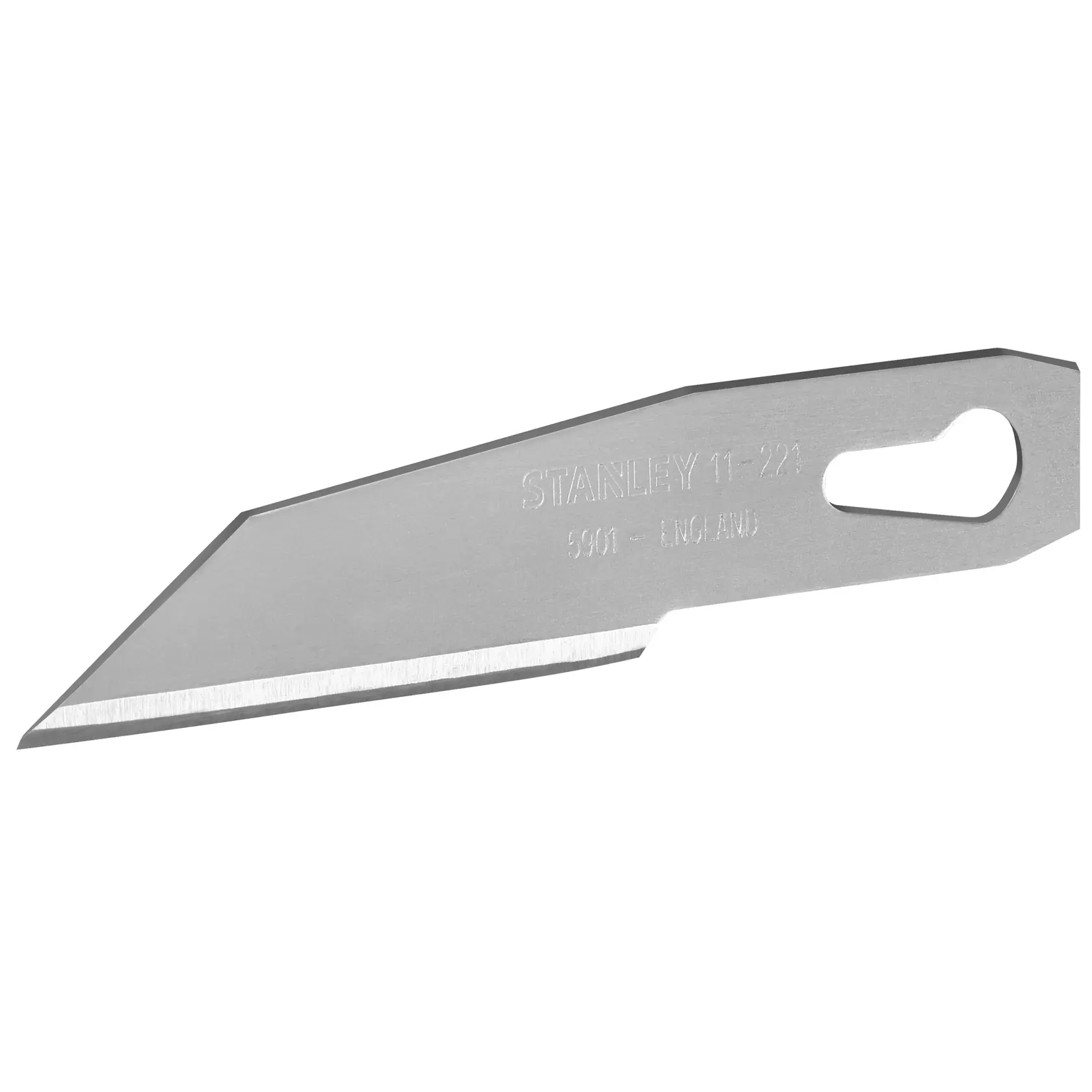STANLEY 0-11-221 replacement utility knife blade, silver, angled edge, product photo on white background.