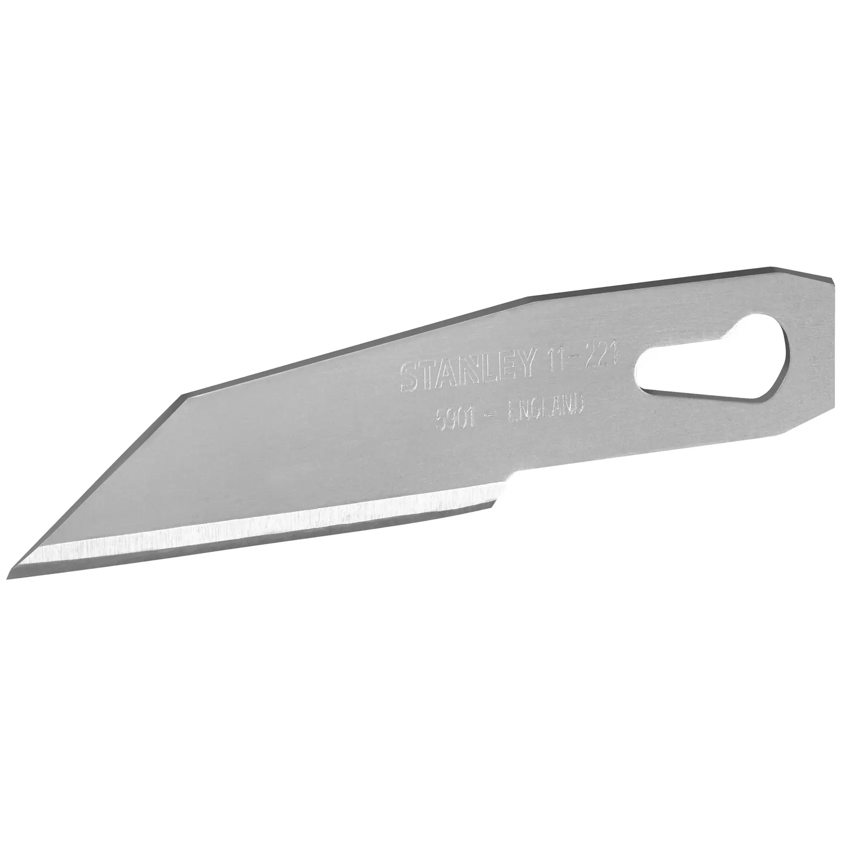 STANLEY 0-11-221 silver replacement utility knife blade, straight edge, close-up on white background.