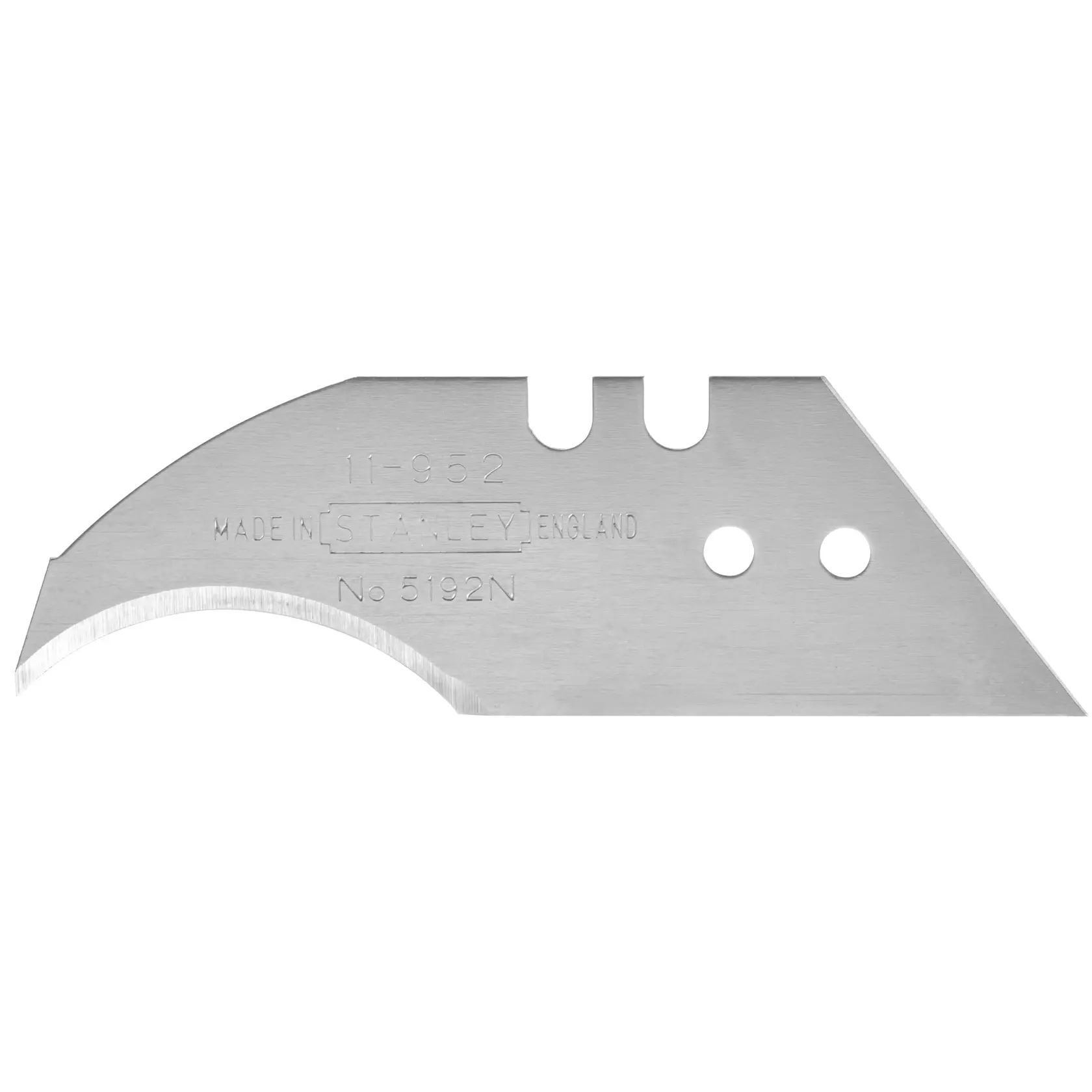 Stanley 0-11-952 curved utility blade, silver metal, product photography, side angle on white background.