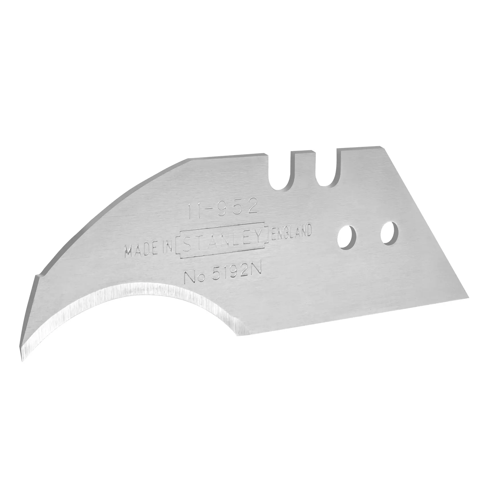 STANLEY 0-11-952 curved utility knife blade, silver metal, close-up on white background.