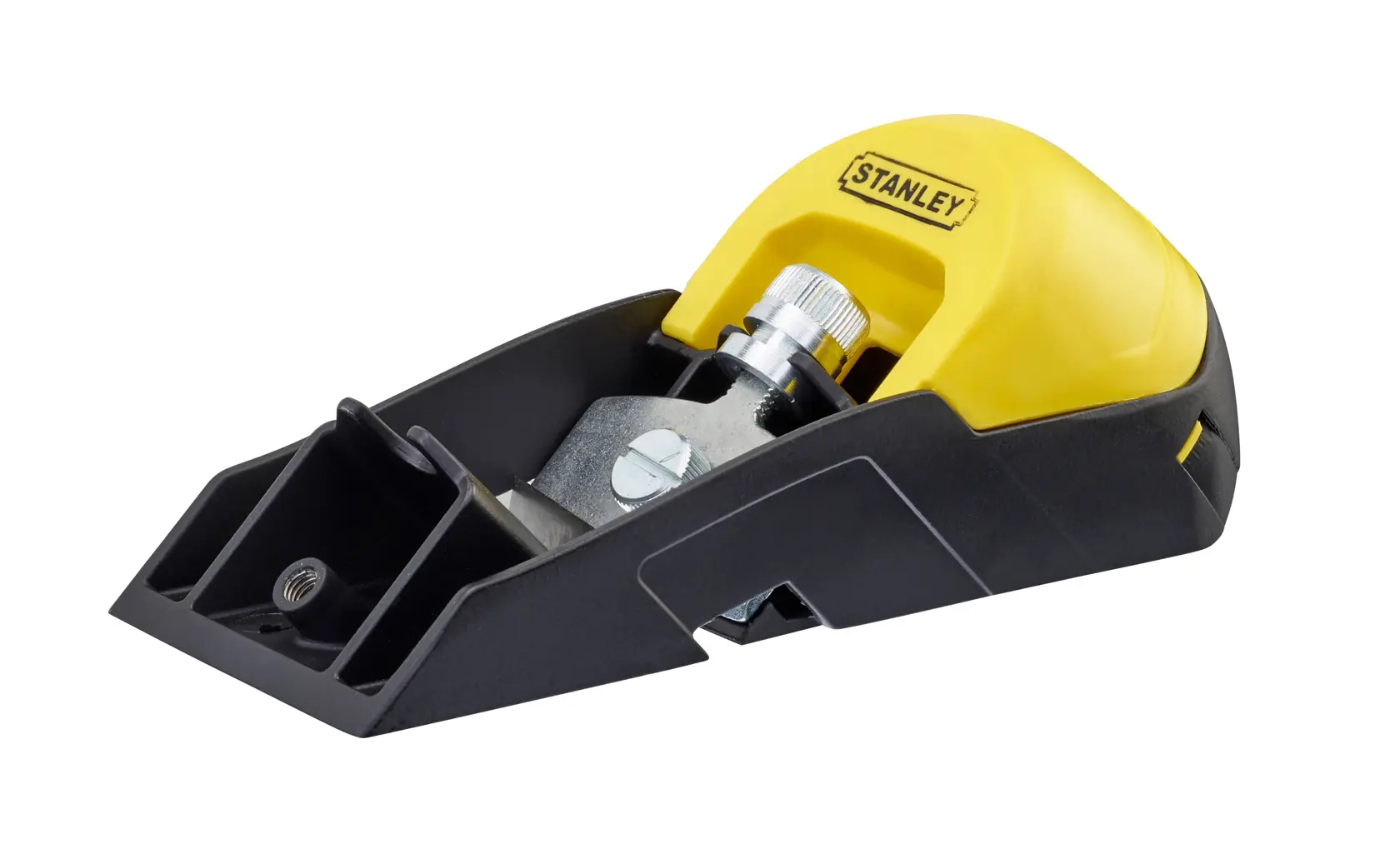 STANLEY 0-12-105 block plane with yellow and black handle, side angle on white background.