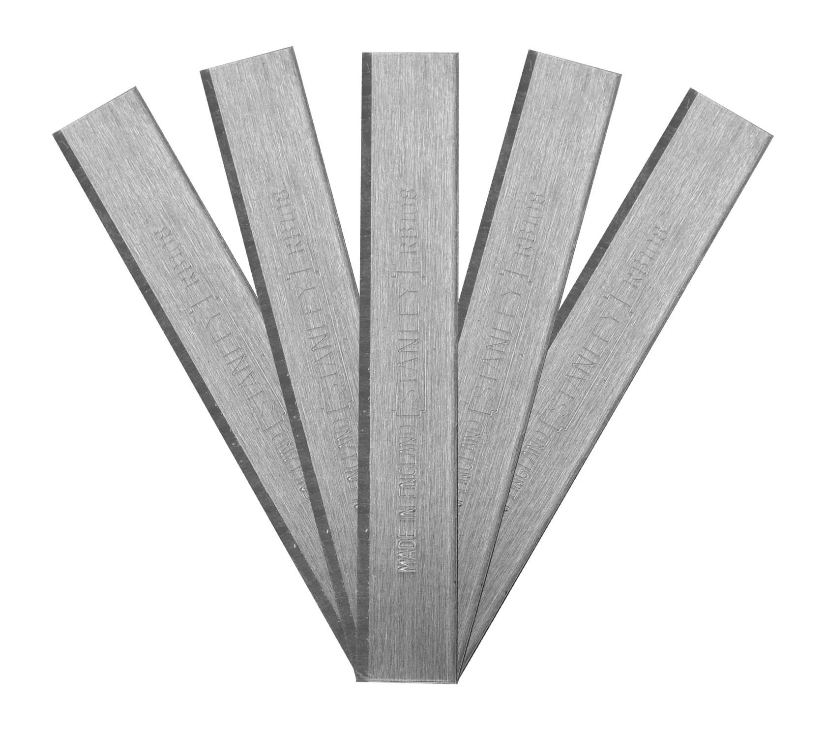 STANLEY 0-12-378 chisel blades set, set of five steel blades fanned out, product photography on white background.