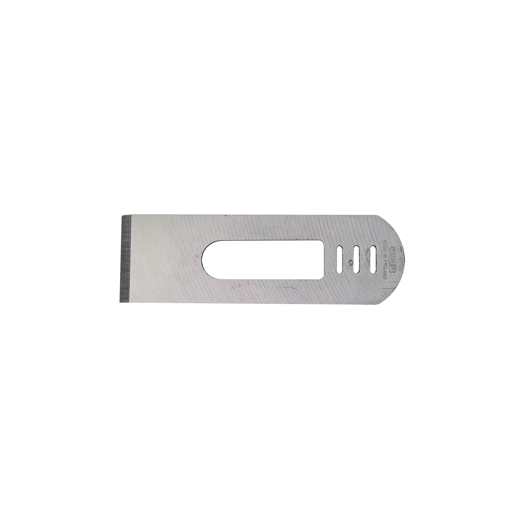 Photo of STANLEY 0-12-504 plane iron blade, silver, rectangular with rounded end, top view, white background.