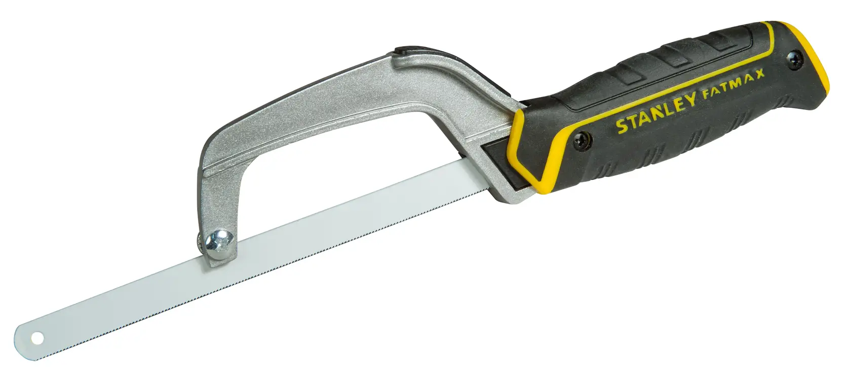 Stanley Fatmax hacksaw with ergonomic handle and thin metal blade, ideal for precise cutting tasks.