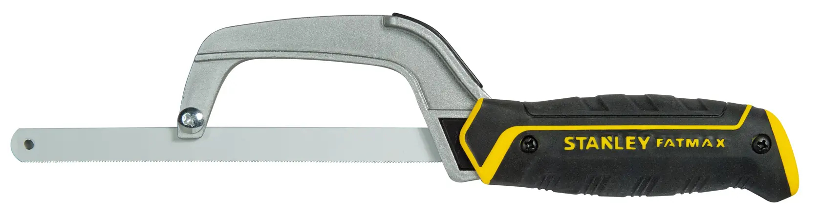 Stanley FatMax hacksaw with a black and yellow ergonomic handle and metal frame, shown on a white background.