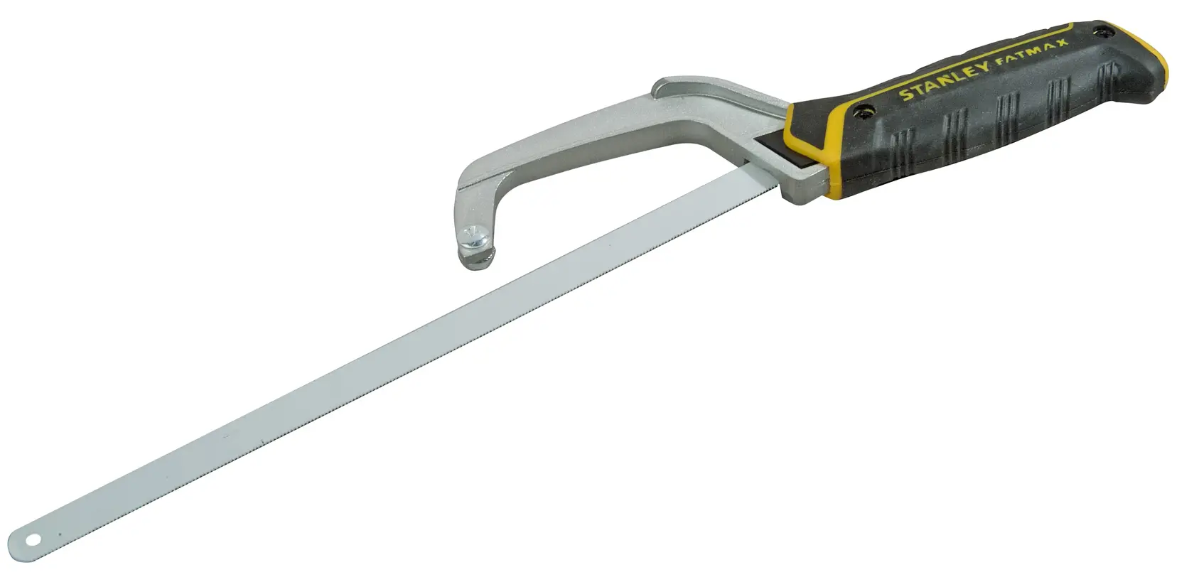 STANLEY 0-15-211 hacksaw with black and yellow ergonomic handle, side view on white background.