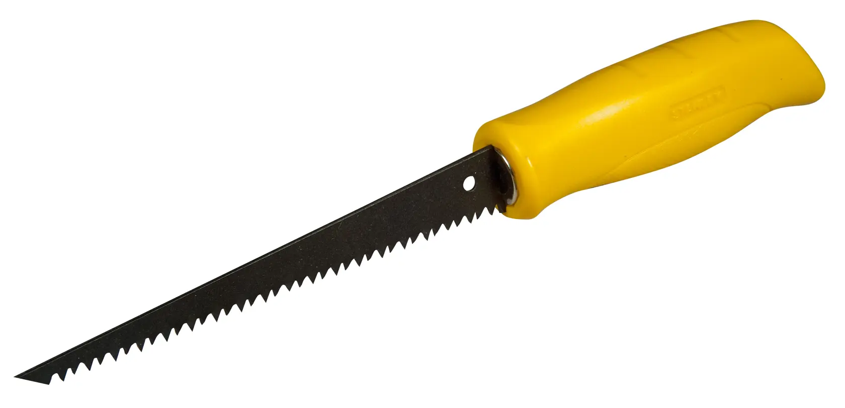 Photo of STANLEY 0-15-556 jab saw with black serrated blade and yellow ergonomic handle, side angle on white background.