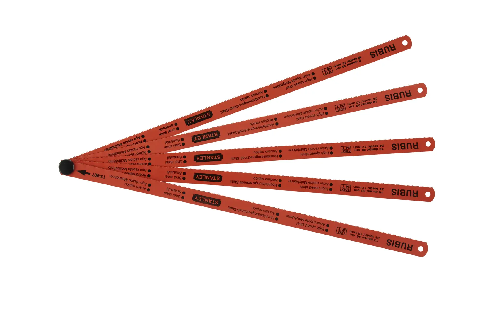 Photo of STANLEY 0-15-900 red hacksaw blades set, fanned on white background, metal cutting tools.