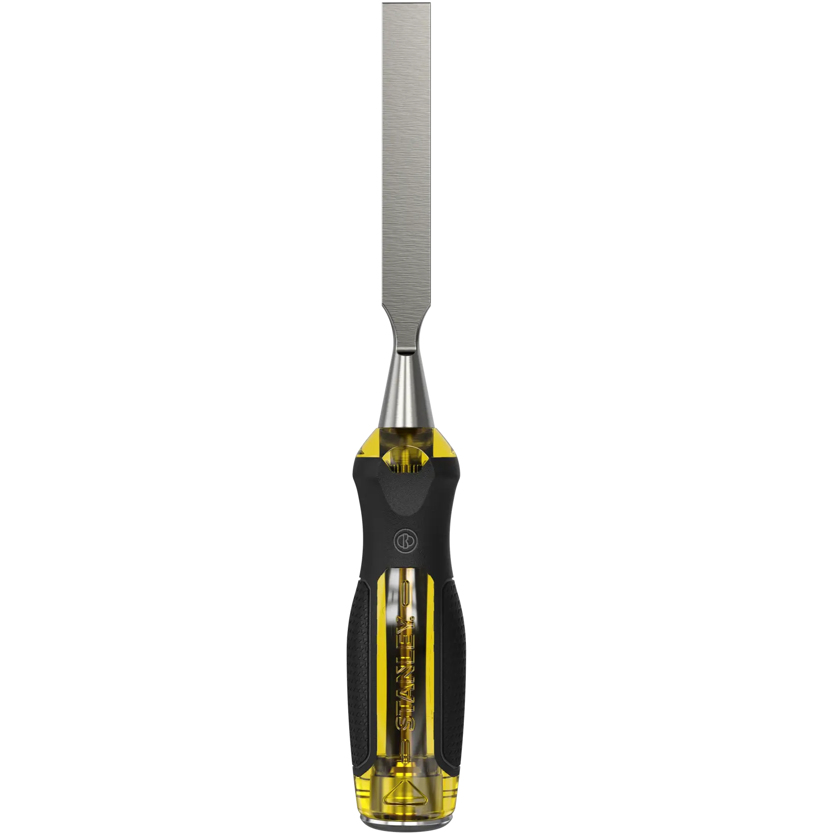 STANLEY 0-16-256 wood chisel with black and yellow handle, front view on white background.