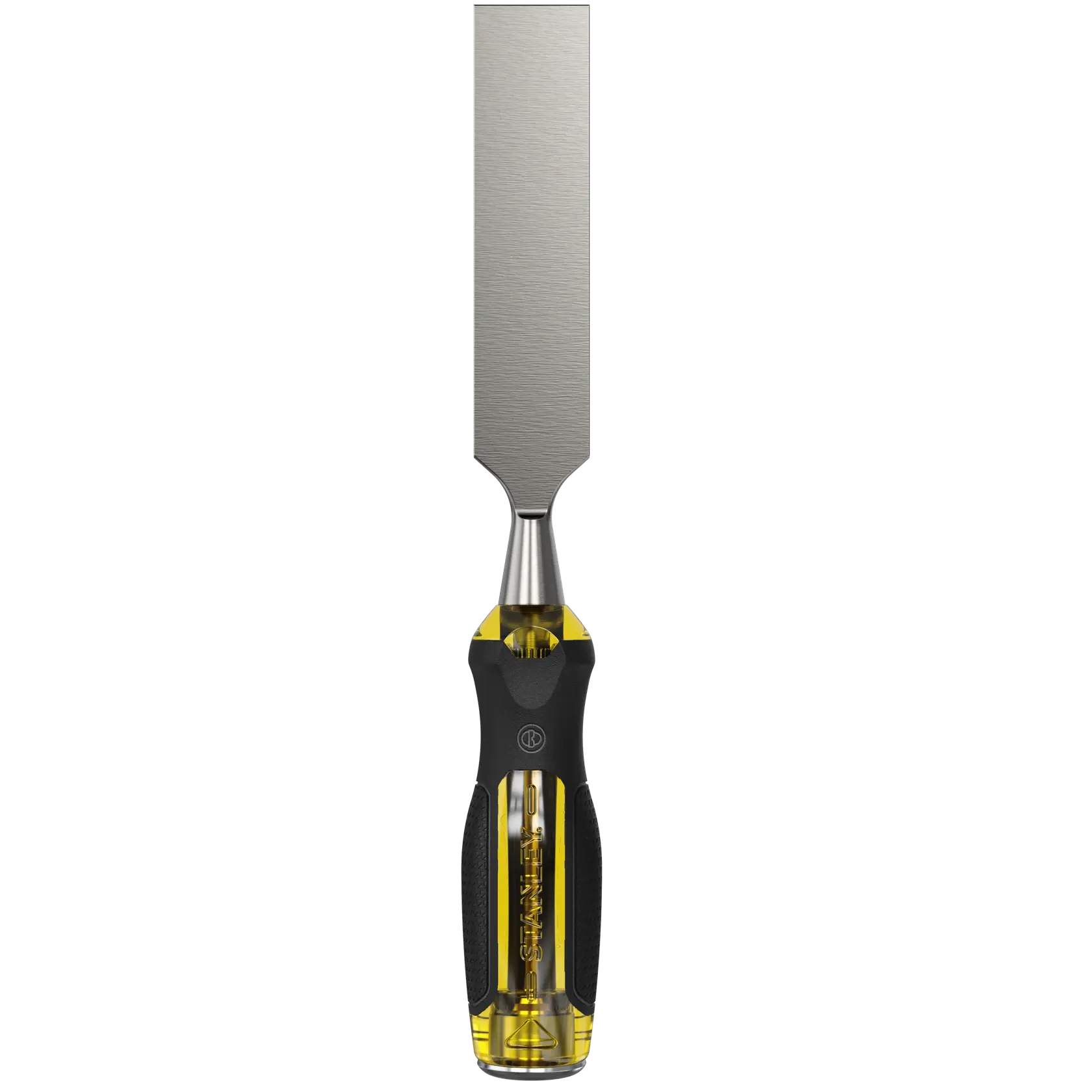 Photo of STANLEY 0-16-262 chisel with black and yellow ergonomic handle, front angle on white background.