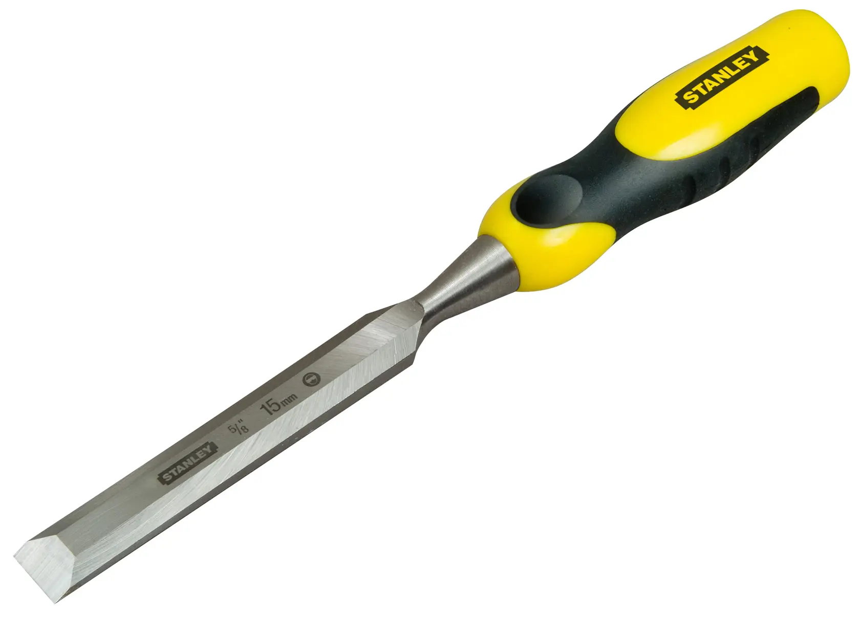 Stanley chisel with yellow and black handle and 15 mm steel blade, used for woodworking.