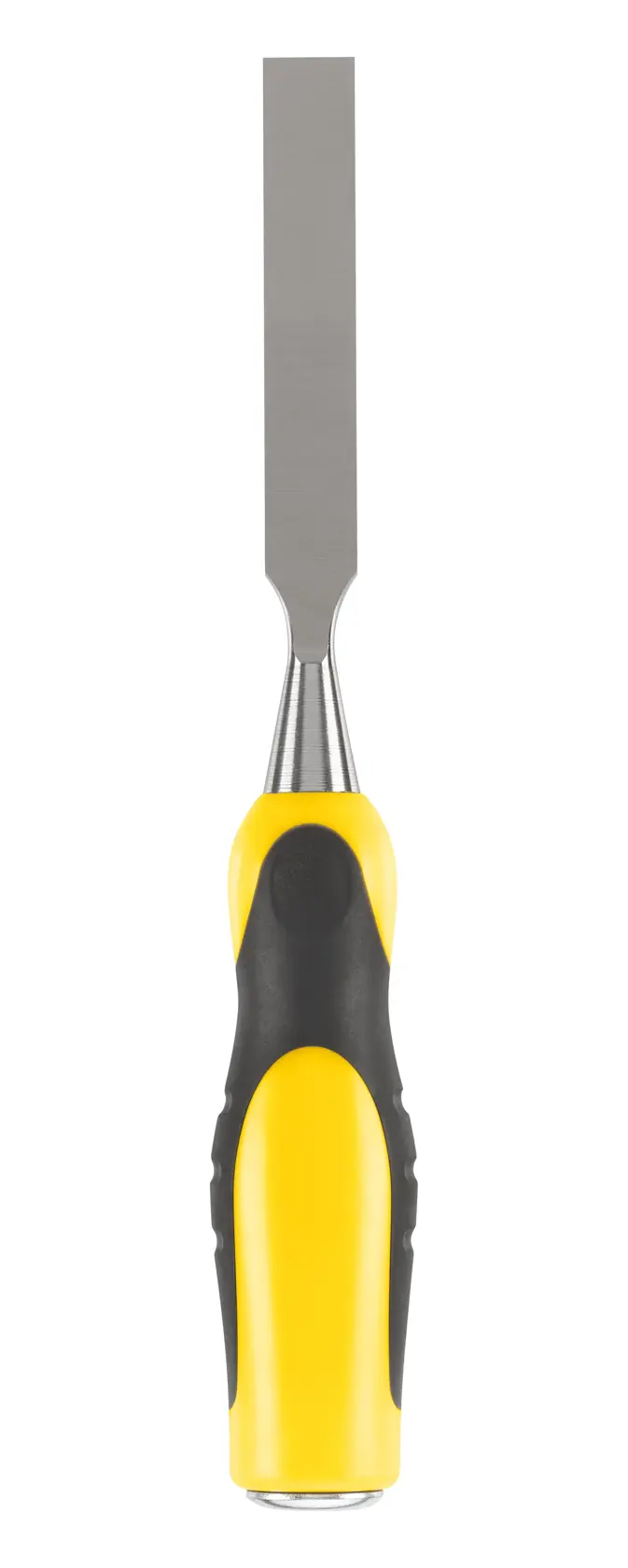 STANLEY 0-16-876 chisel with yellow and black soft grip handle, front view on white background.
