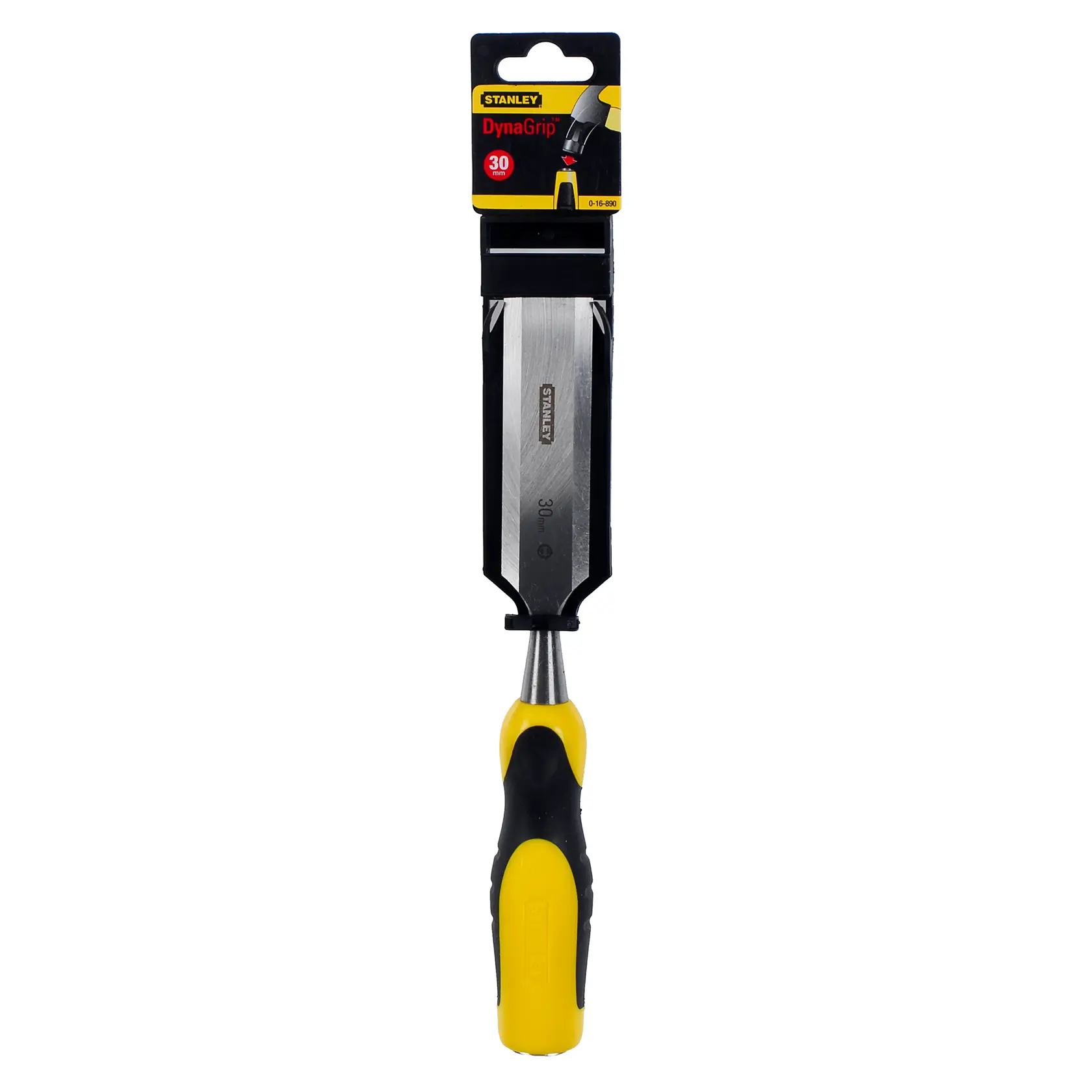 STANLEY 0-16-890 chisel with yellow and black DynaGrip handle, front view on white background.