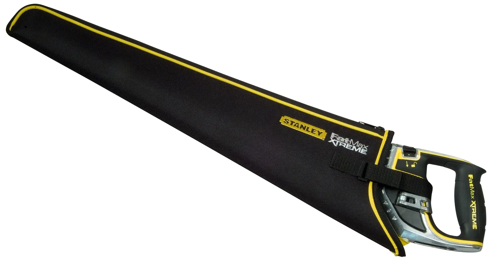 STANLEY 0-20-255 hand saw in black and yellow protective case, side angle on white background.