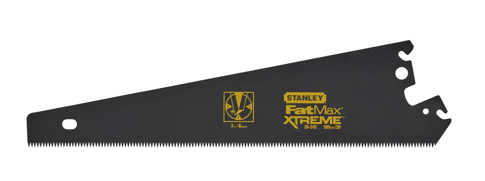 Photo of STANLEY 0-20-255 FatMax XTREME saw blade, black with yellow branding, side angle on white background.