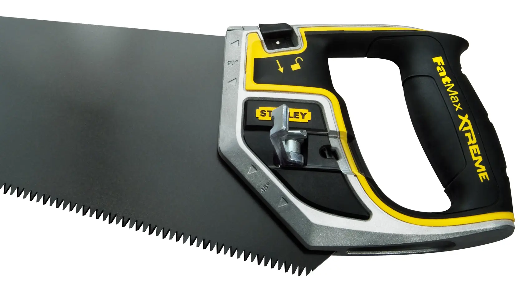 STANLEY 0-20-255 hand saw with black blade, ergonomic black and yellow handle, side angle on white background.