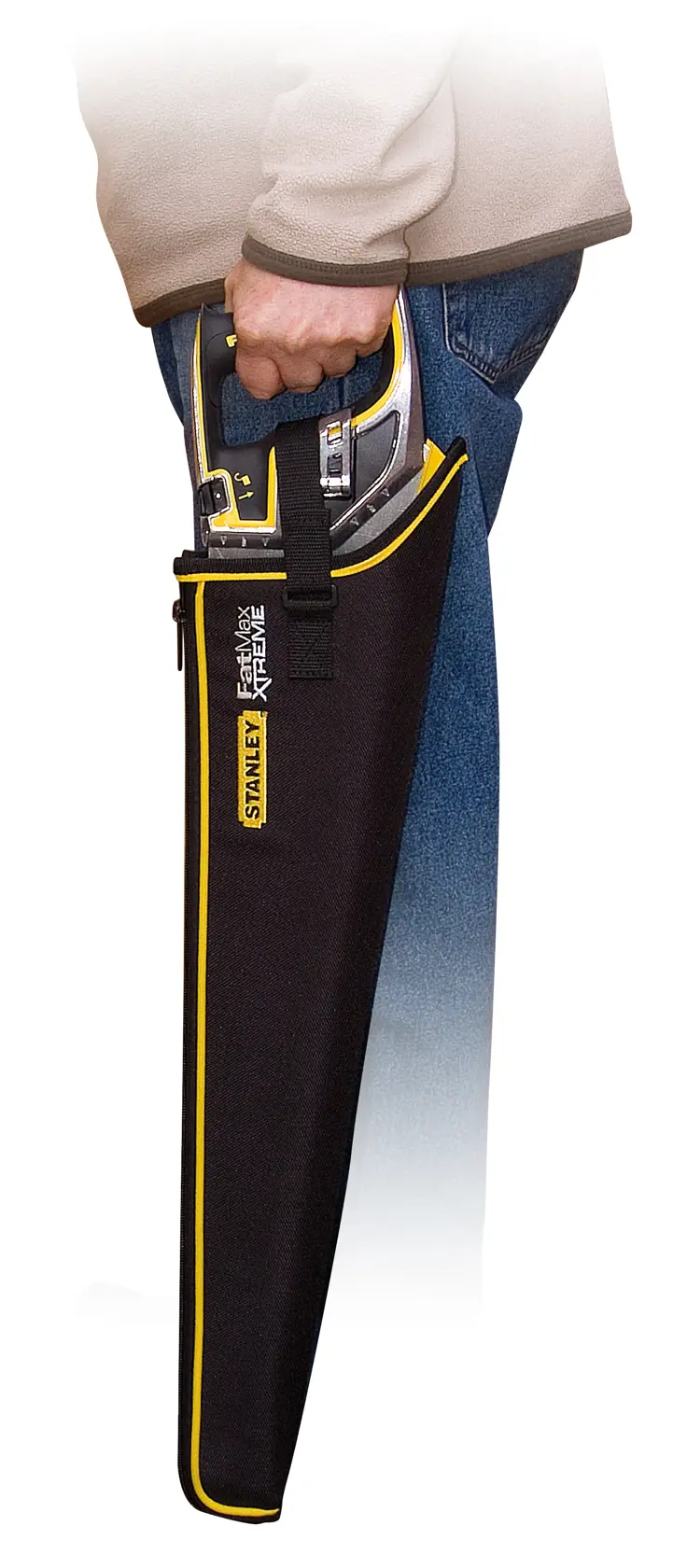 STANLEY 0-20-255 hand saw in black fabric sheath with yellow trim, held by person, product side view.