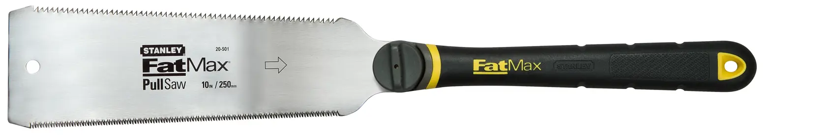 STANLEY 0-20-501 FatMax Pull Saw with black and yellow handle, side angle on white background.