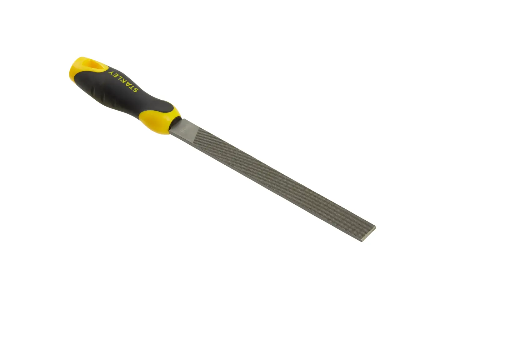 Stanley hand file with black and yellow handle, used for smoothing and shaping materials in workshops.