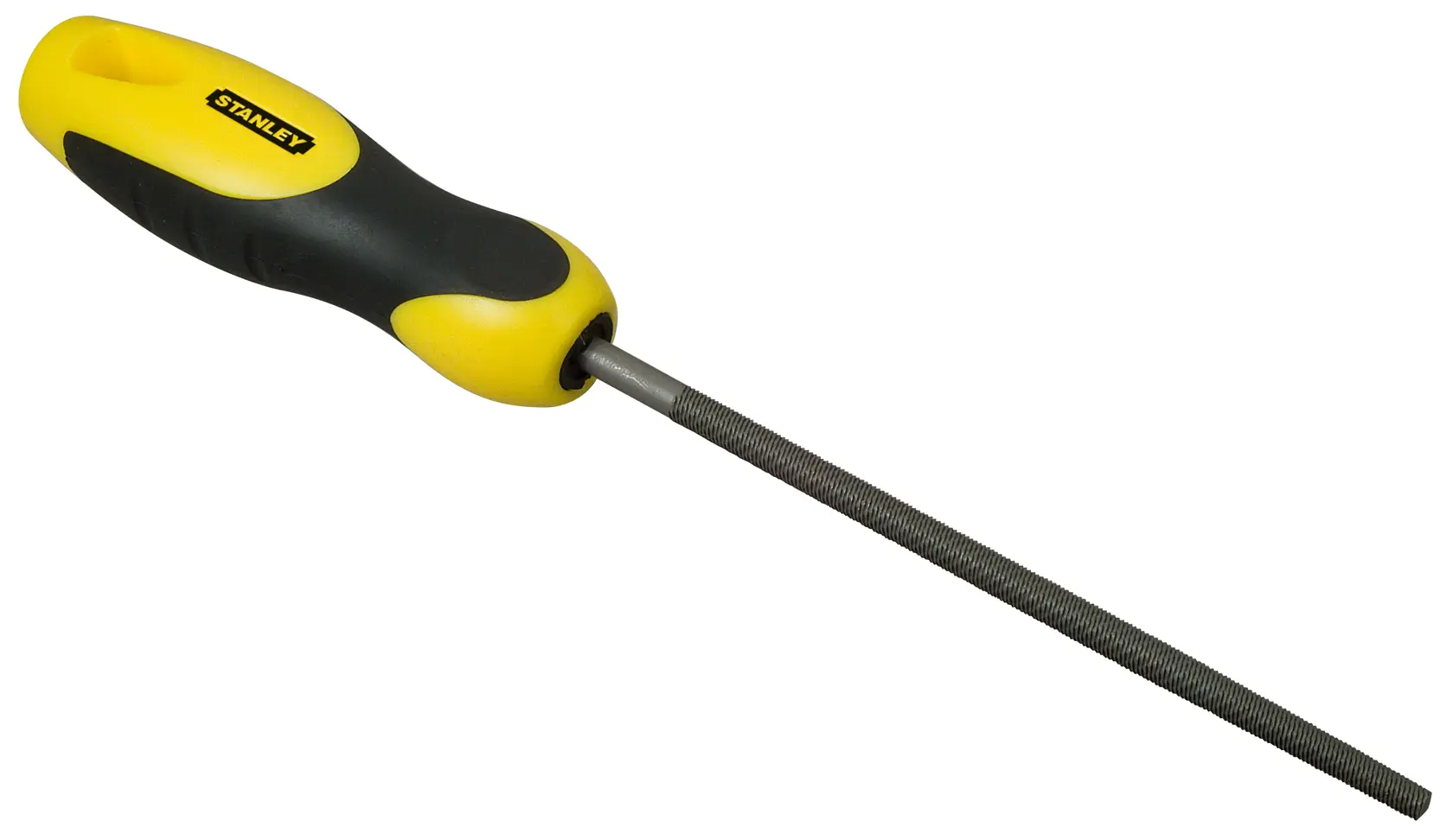 Stanley round metal file with yellow and black handle, used for smoothing and shaping metal surfaces.