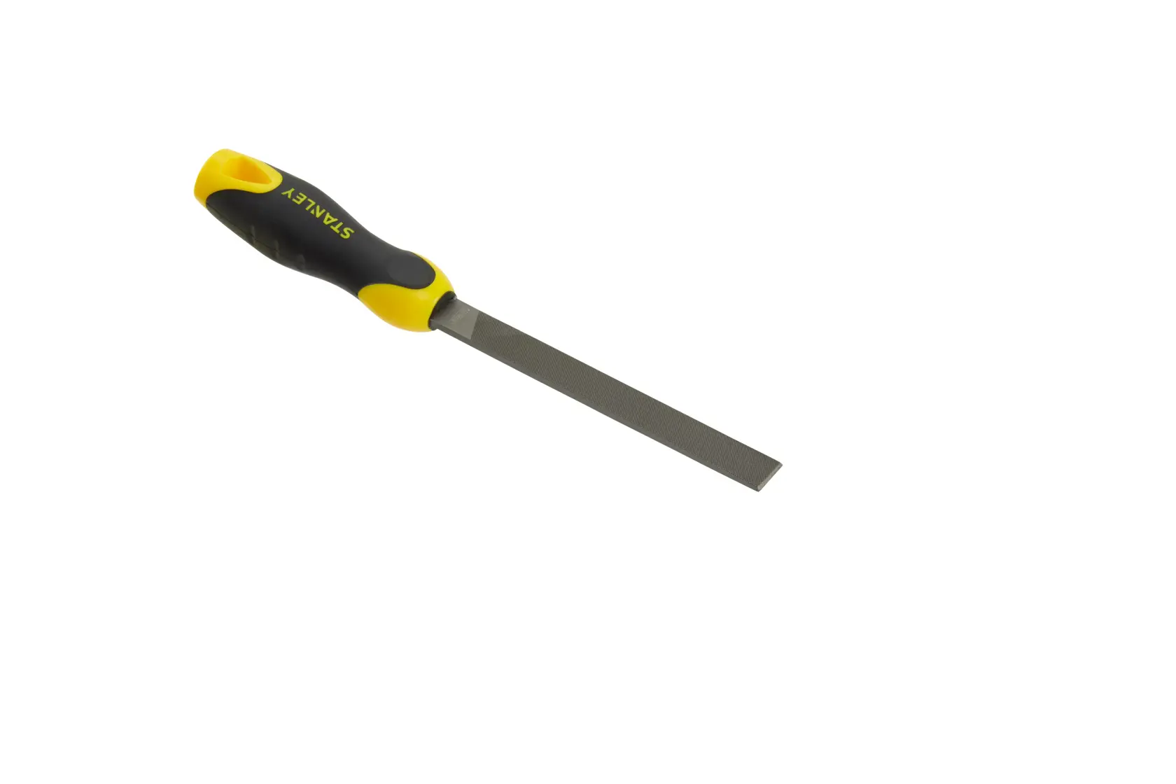 STANLEY 0-22-450 flat metal file with yellow and black handle, product photo on white background.