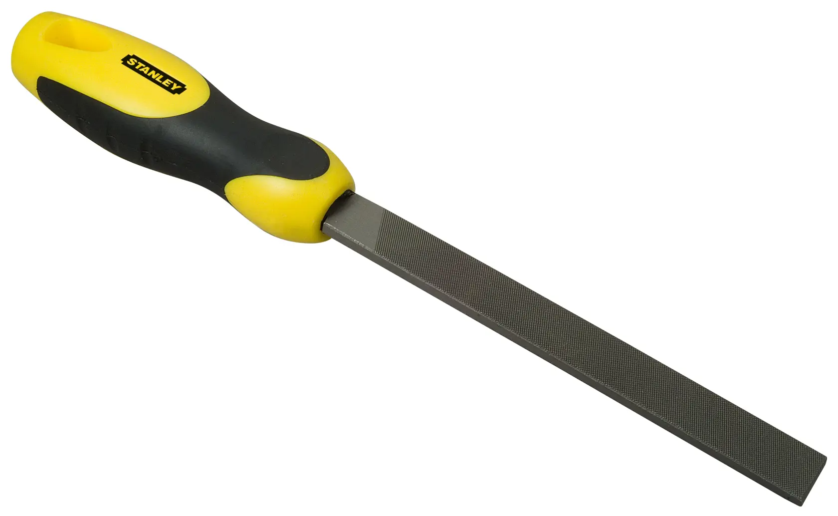 STANLEY 0-22-451 hand file with yellow and black ergonomic handle, side view on white background.