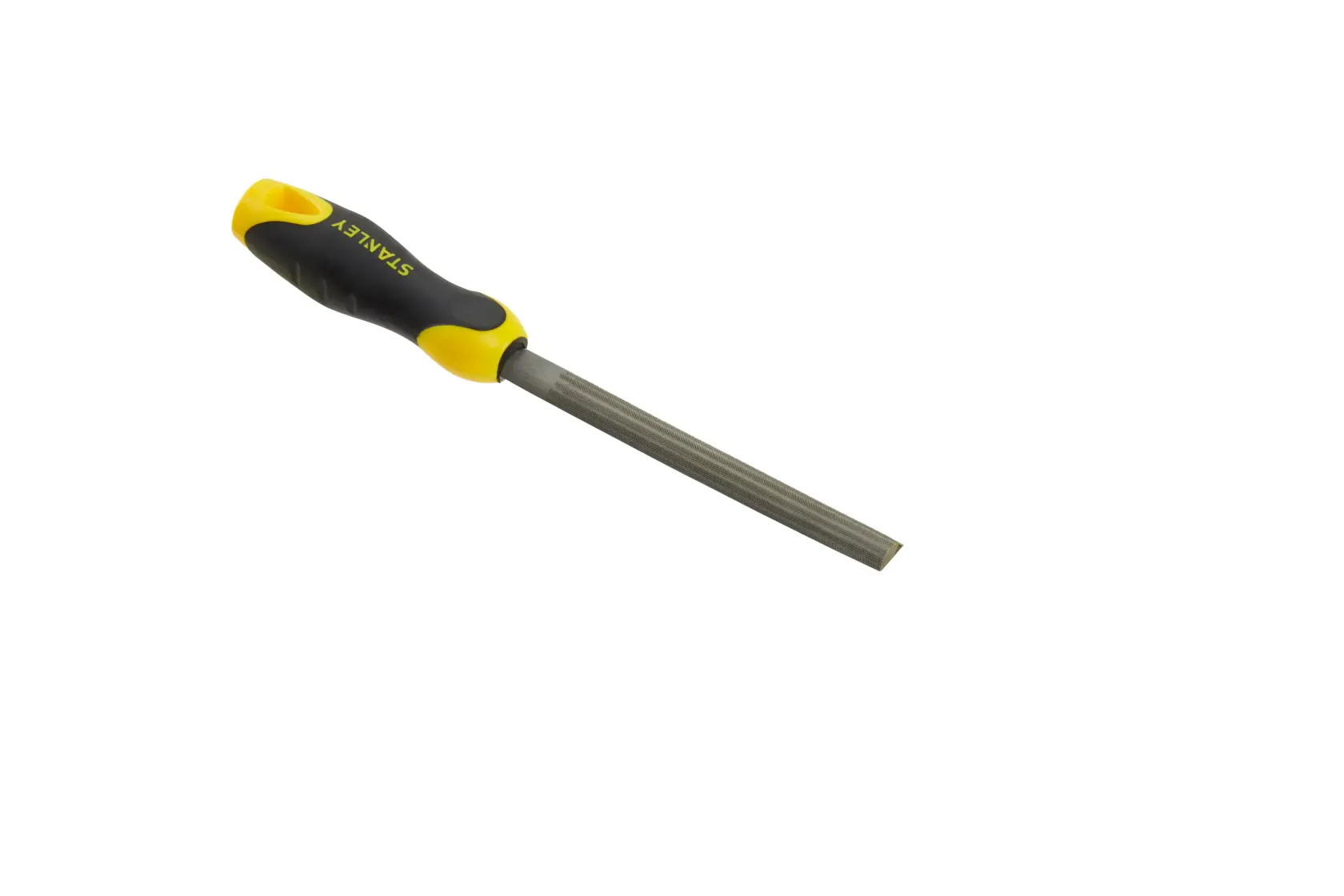 STANLEY 0-22-455 round file with yellow and black ergonomic handle, side angle, on white background.