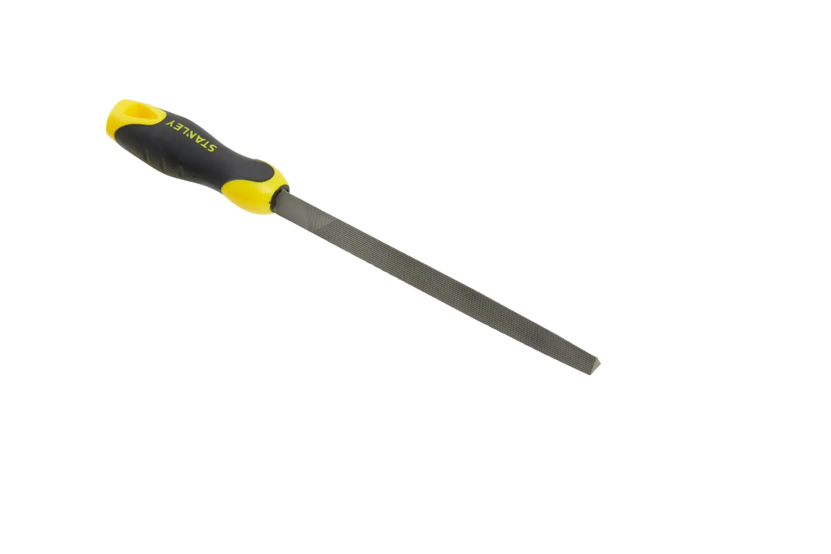 STANLEY 0-22-460 hand file with yellow and black handle, side angle on white background.