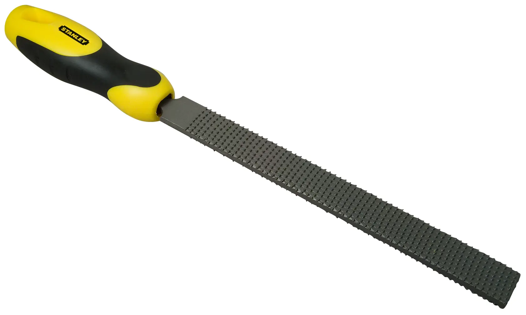 Photo of STANLEY 0-22-465 hand rasp with yellow and black ergonomic handle, angled view on white background.
