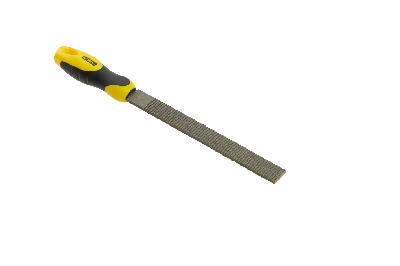 Stanley hand file with yellow and black handle, used for smoothing and shaping materials.
