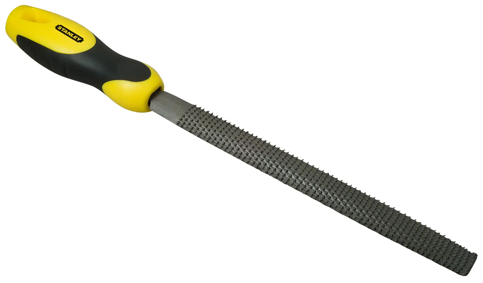 Photo of STANLEY 0-22-469 hand rasp file with yellow and black ergonomic handle, side angle on white background.