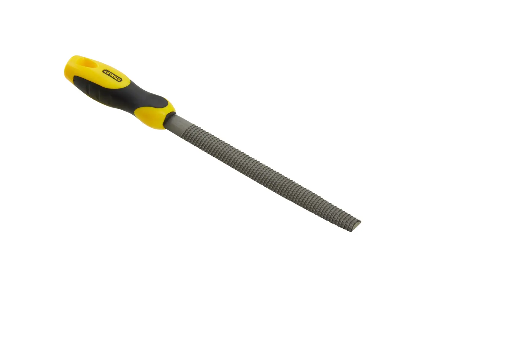 Stanley hand file tool with yellow and black handle, used for shaping or smoothing materials.
