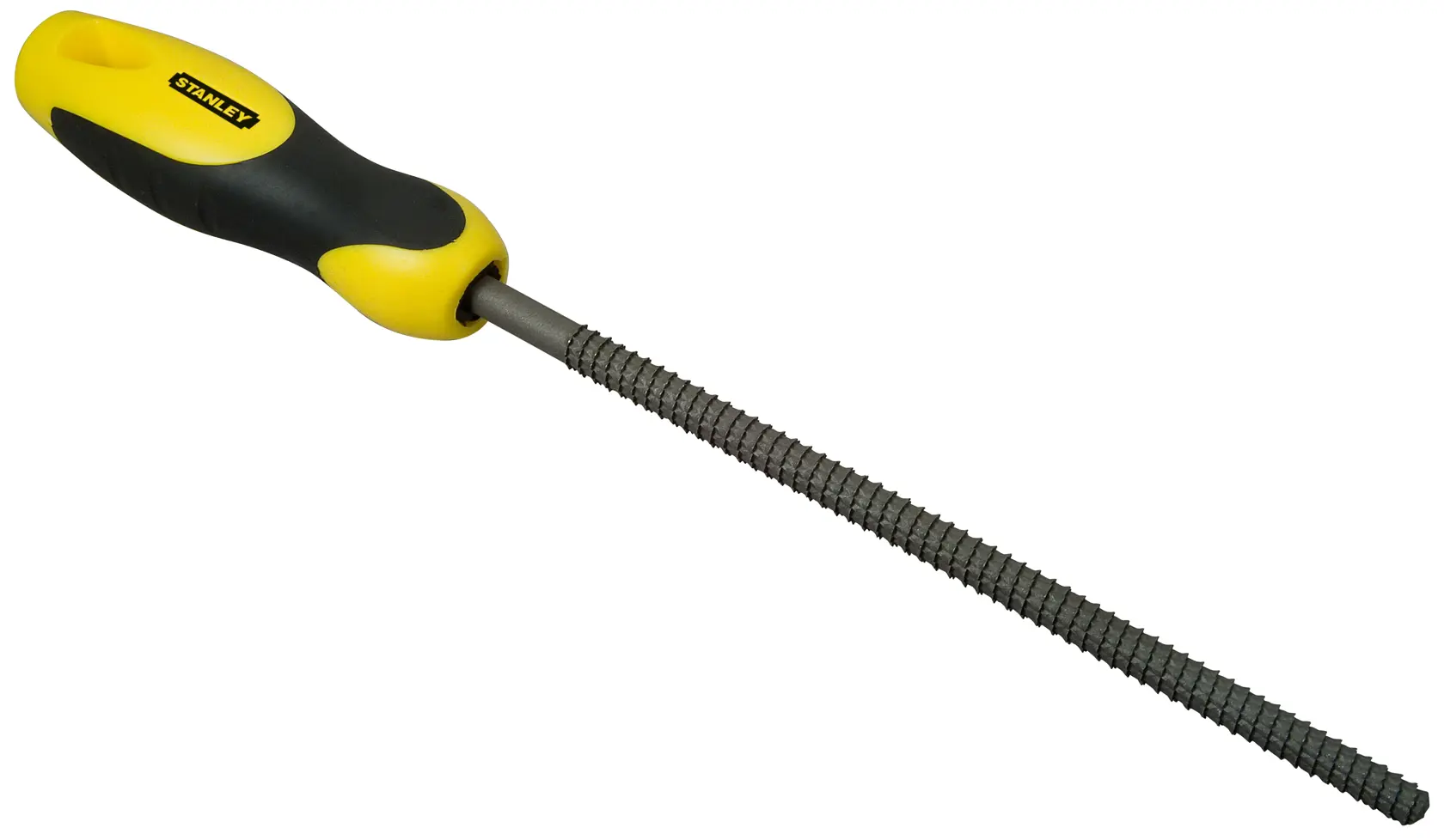 Stanley file with a yellow and black ergonomic handle and a long, round metal filing surface.