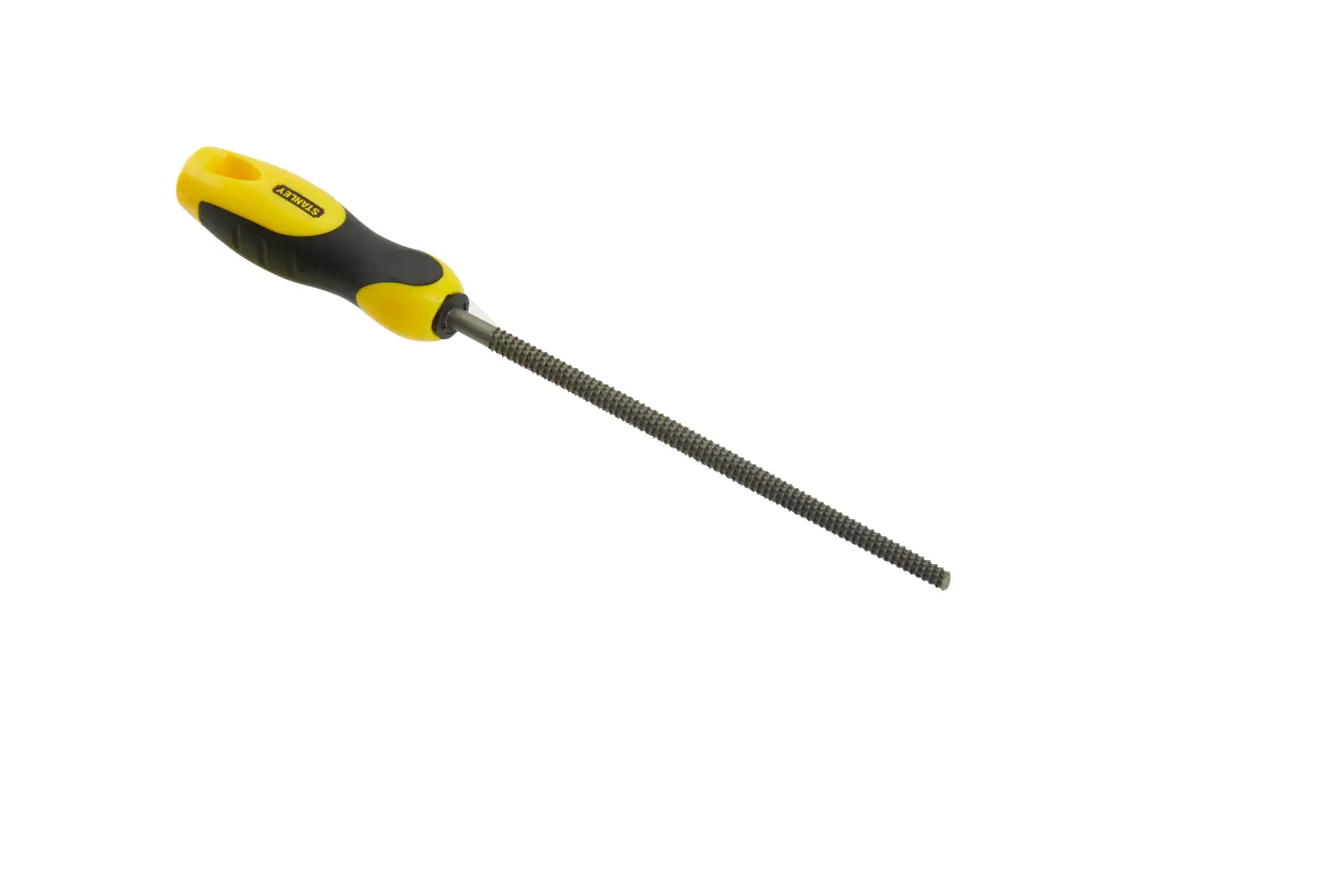 Photo of STANLEY 0-22-475 round file with yellow and black ergonomic handle, side angle on white background.