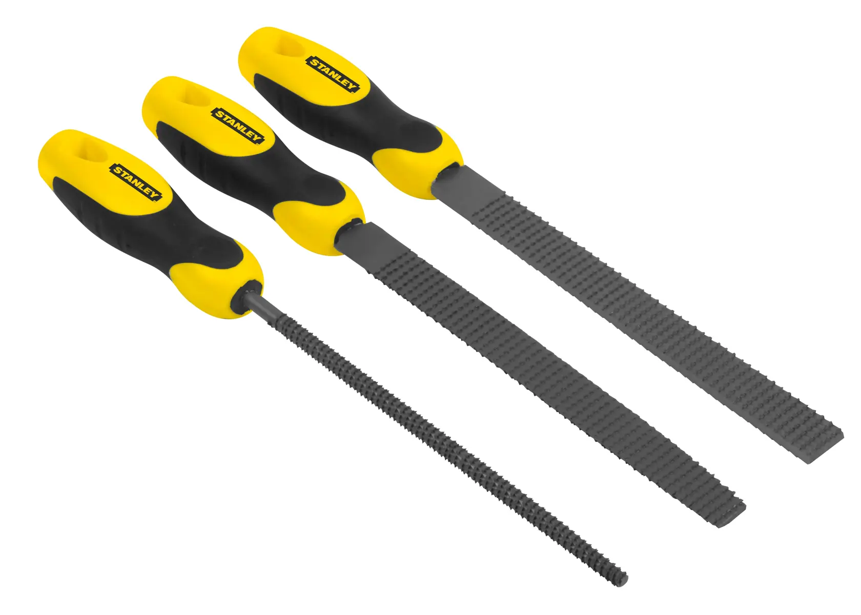 Three STANLEY files with yellow and black handles, suitable for metalworking and shaping materials.