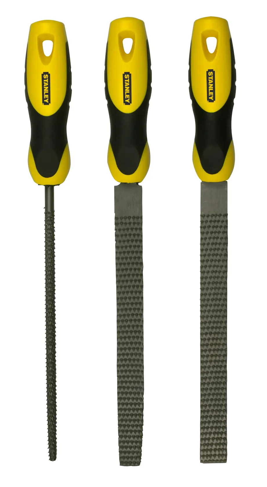 Set of three STANLEY files with yellow and black ergonomic handles, each file has a different shape for varied use.