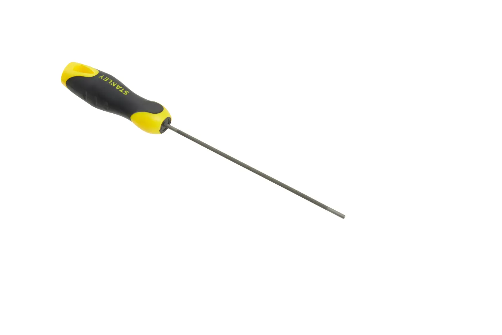 Stanley hand tool with yellow and black handle and a long metal shaft, shown on a white background.