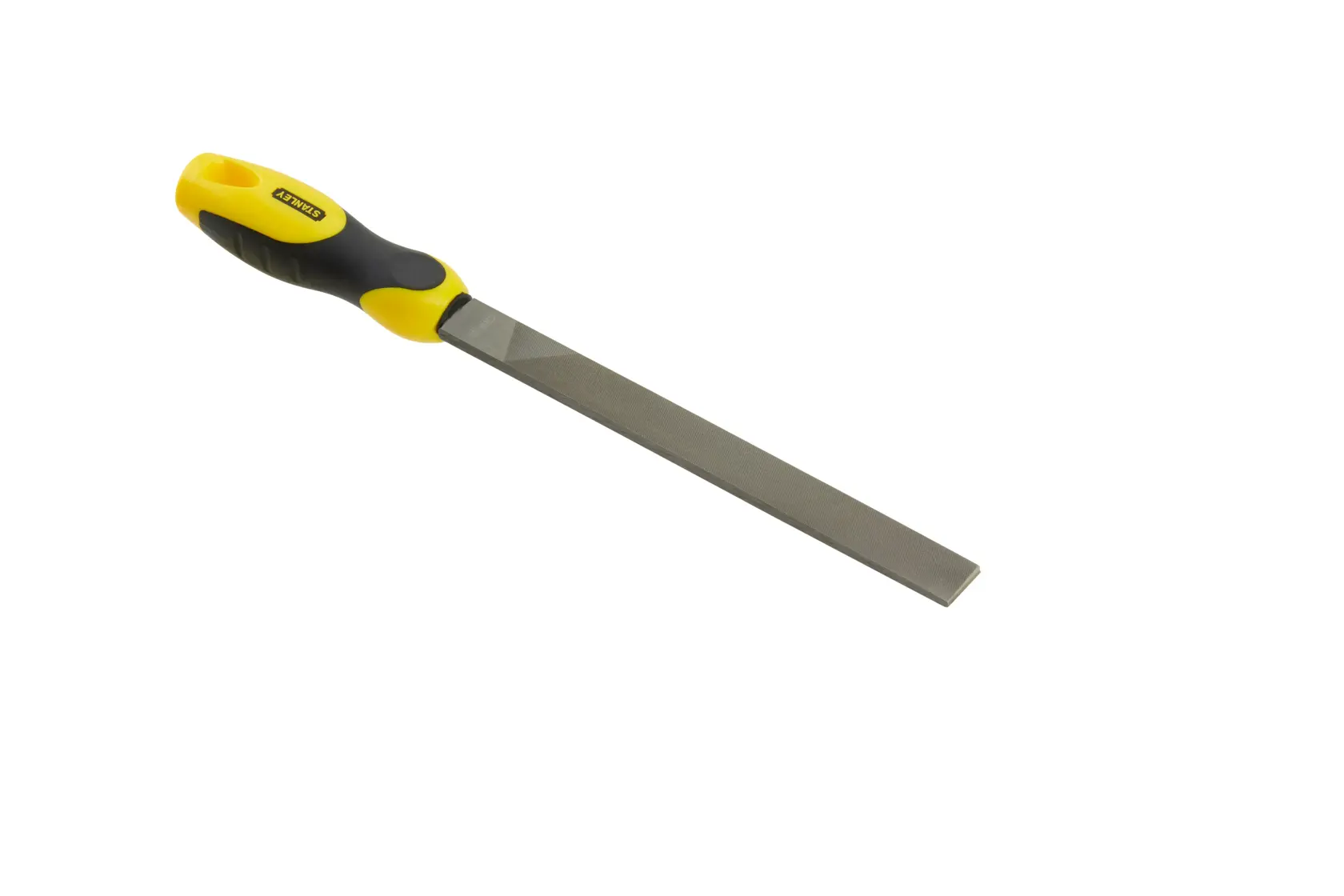 STANLEY 0-22-499 hand file with yellow and black ergonomic handle, product photography on white background.