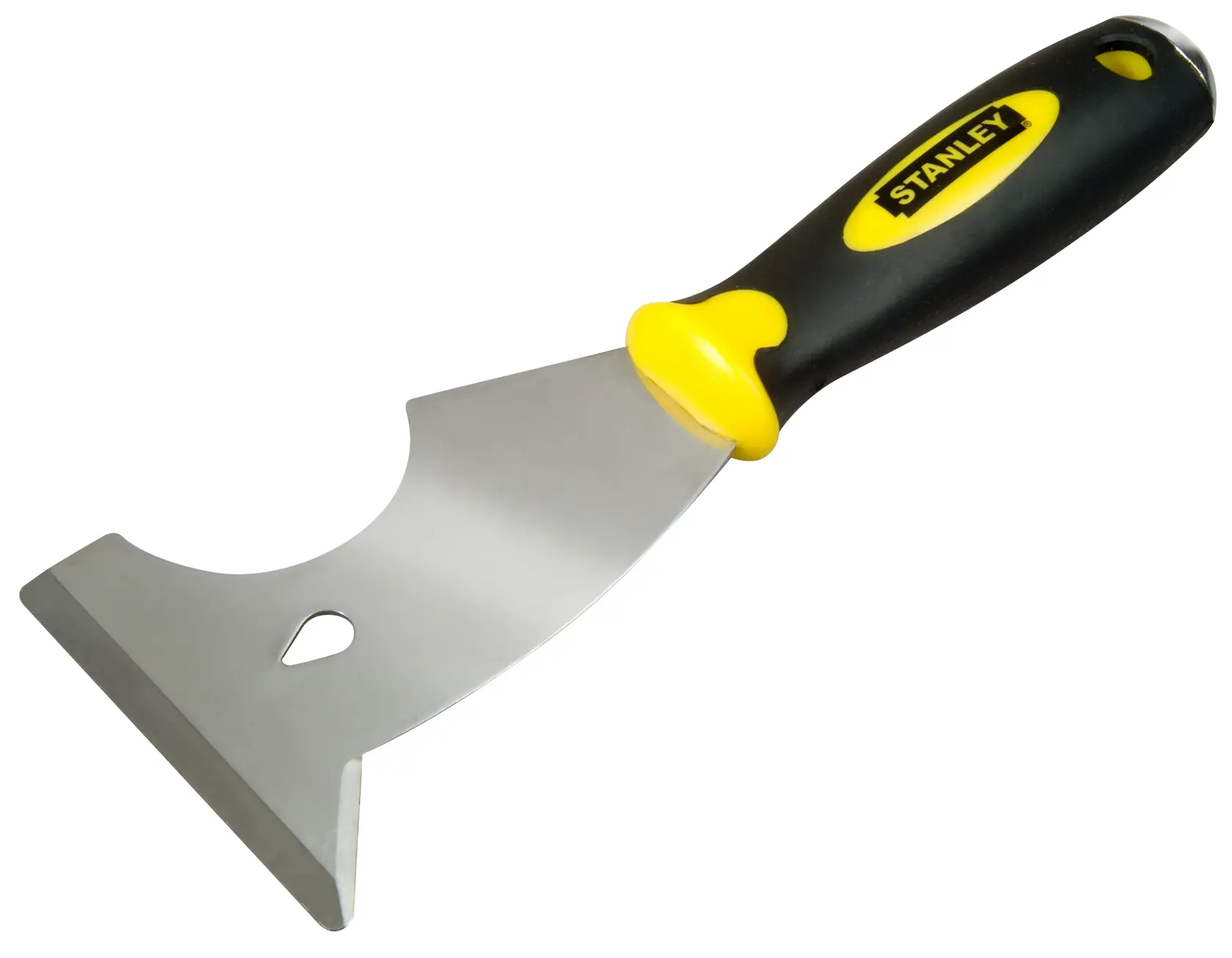 STANLEY 0-28-206 multi-purpose painter's tool with black and yellow handle, angled blade, front view.