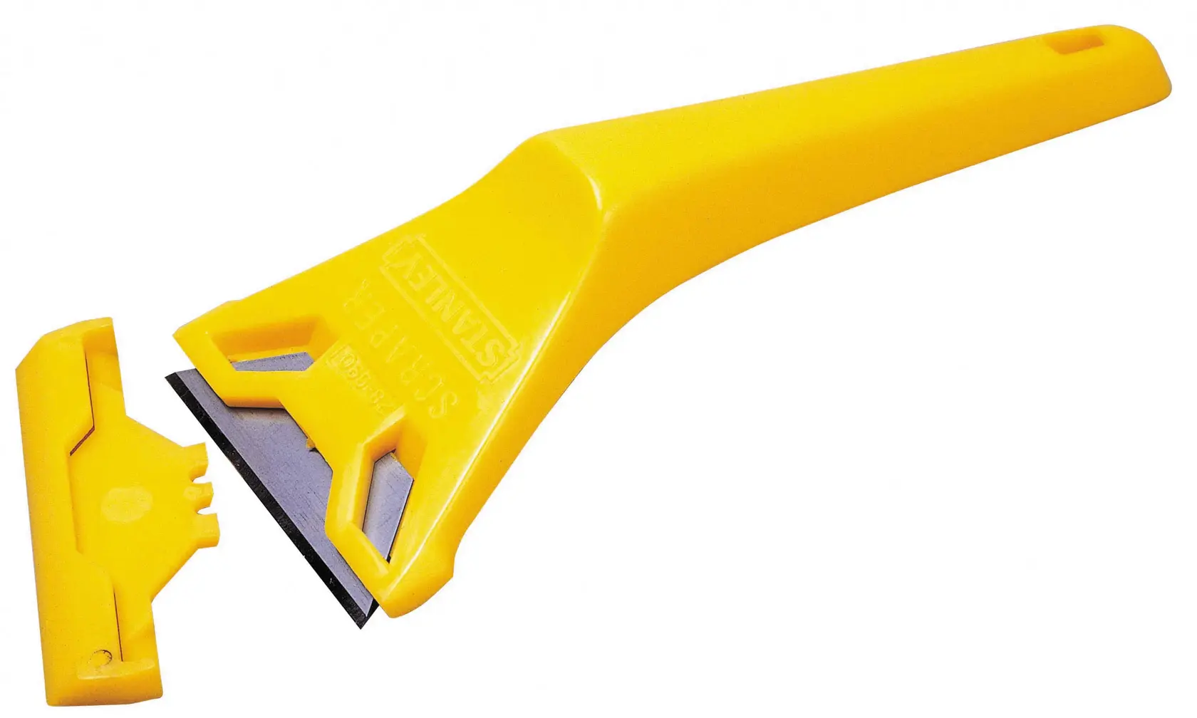 STANLEY 0-28-590 scraper with yellow handle and removable blade cover, front angle on white background.