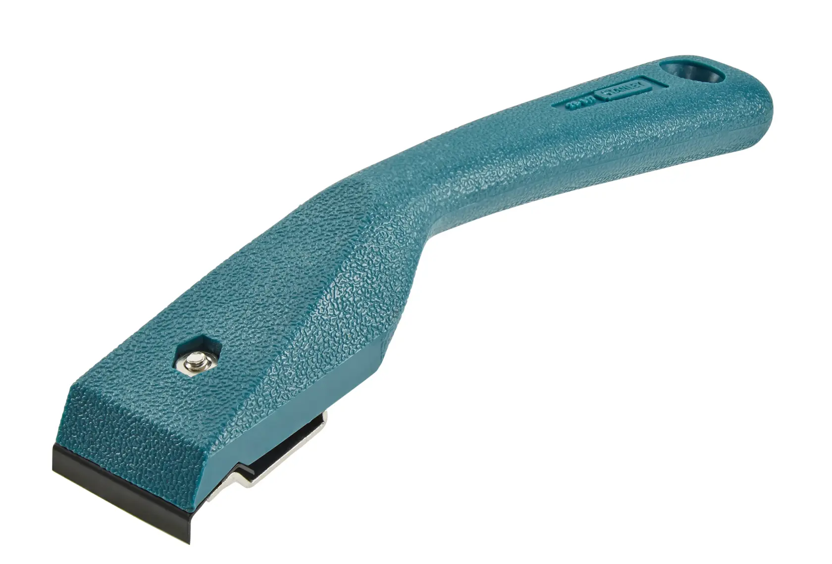 STANLEY 0-28-617 blue textured handle paint scraper, side angle photography on white background.