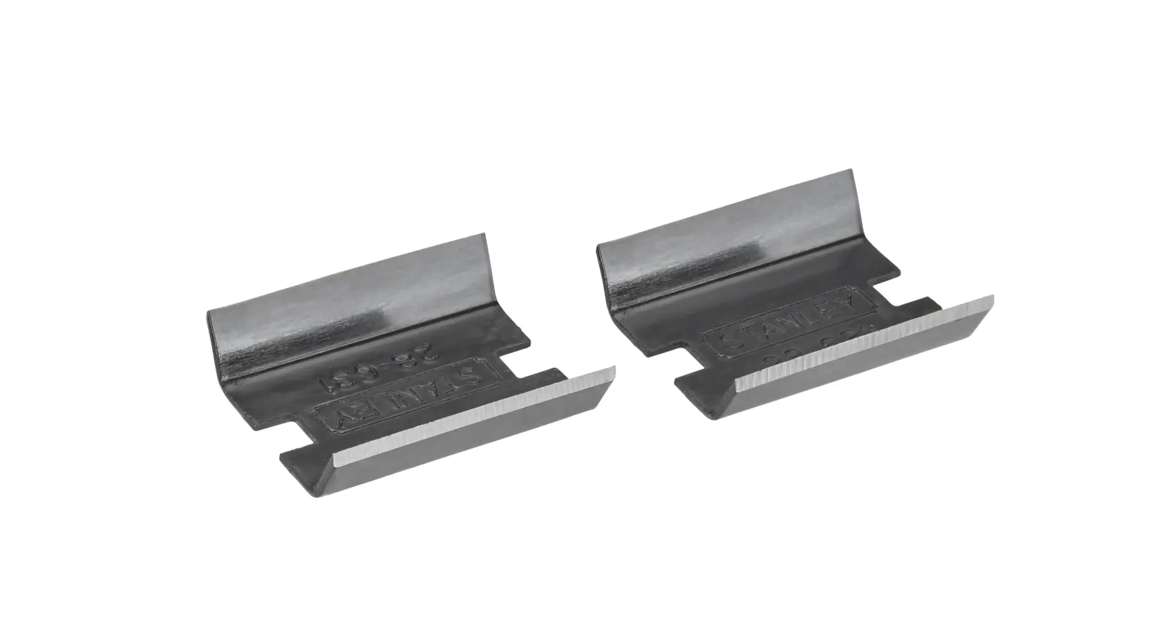 STANLEY 0-28-631 two replacement steel planer blades, angled view, on white background.