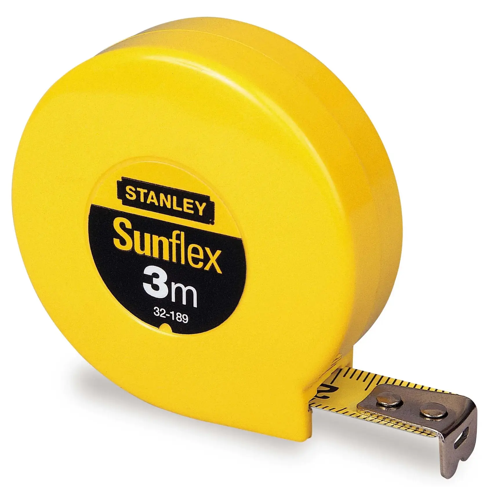 STANLEY 0-32-189 yellow Sunflex 3m tape measure, angled on white background, showing extended metal blade.