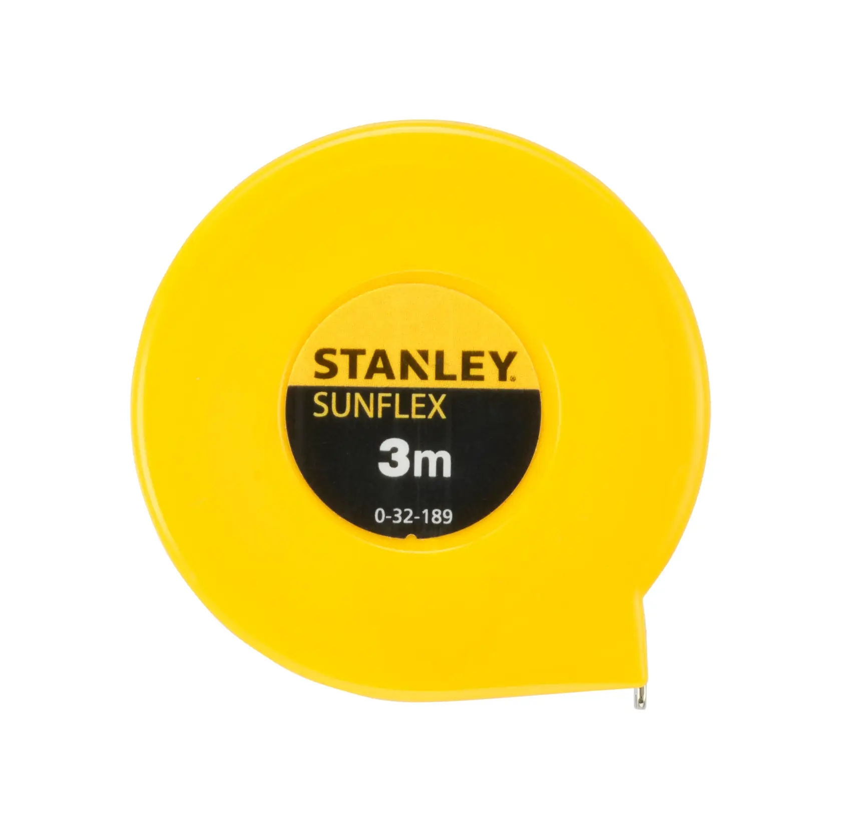STANLEY 0-32-189 round yellow measuring tape, 3m SUNFLEX, front view on white background.