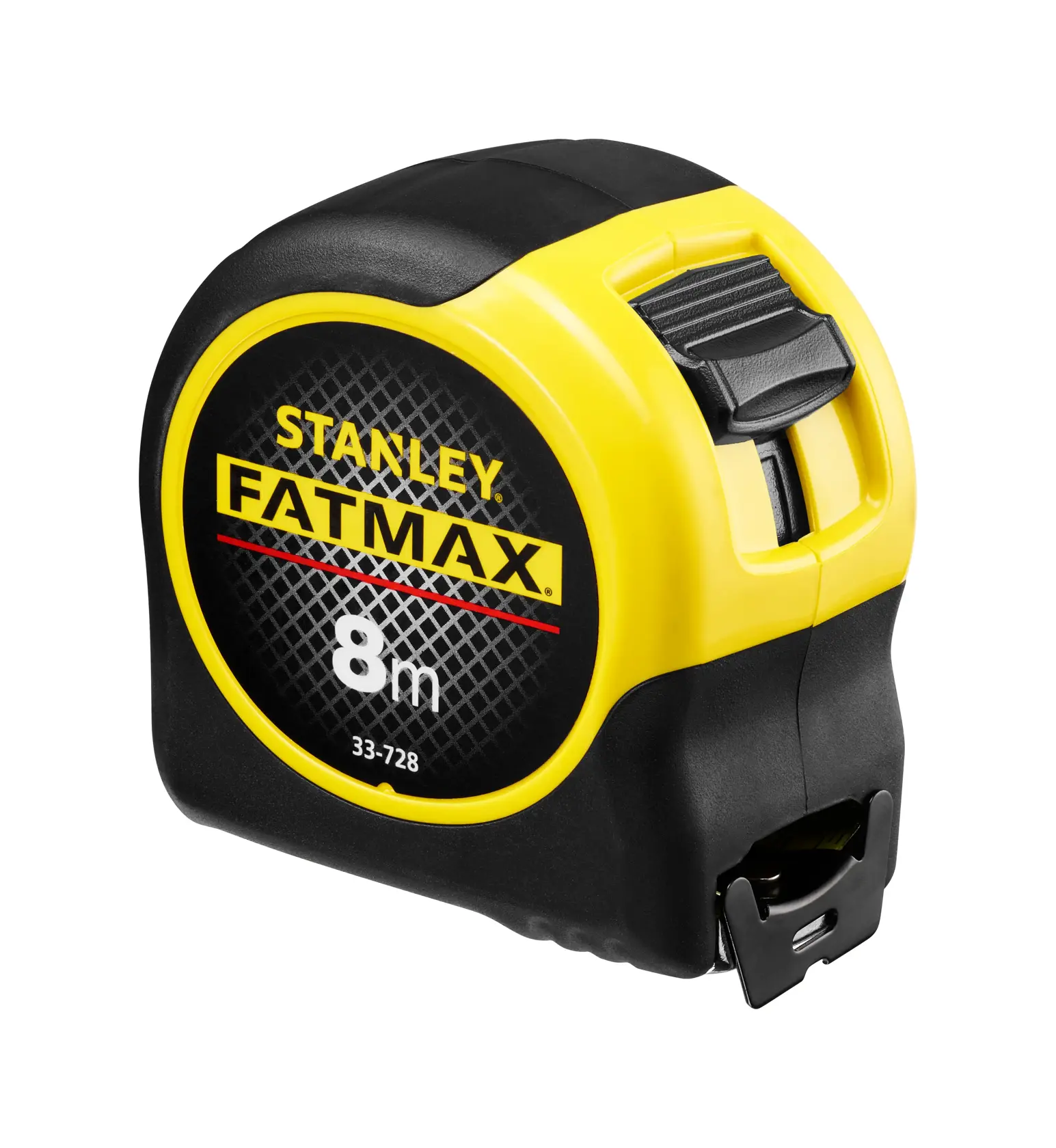 STANLEY 0-33-728 FATMAX tape measure, black and yellow, 8m length, front side photo.