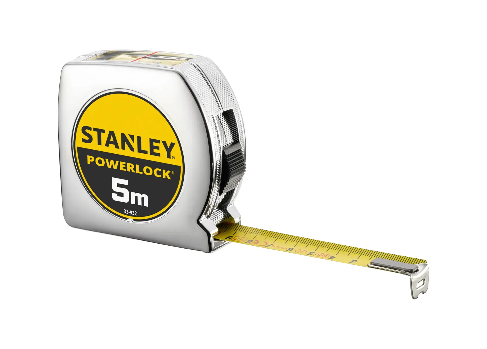 Photo of STANLEY 0-33-932 tape measure, 5m PowerLock model, yellow blade, chrome casing, angled view.