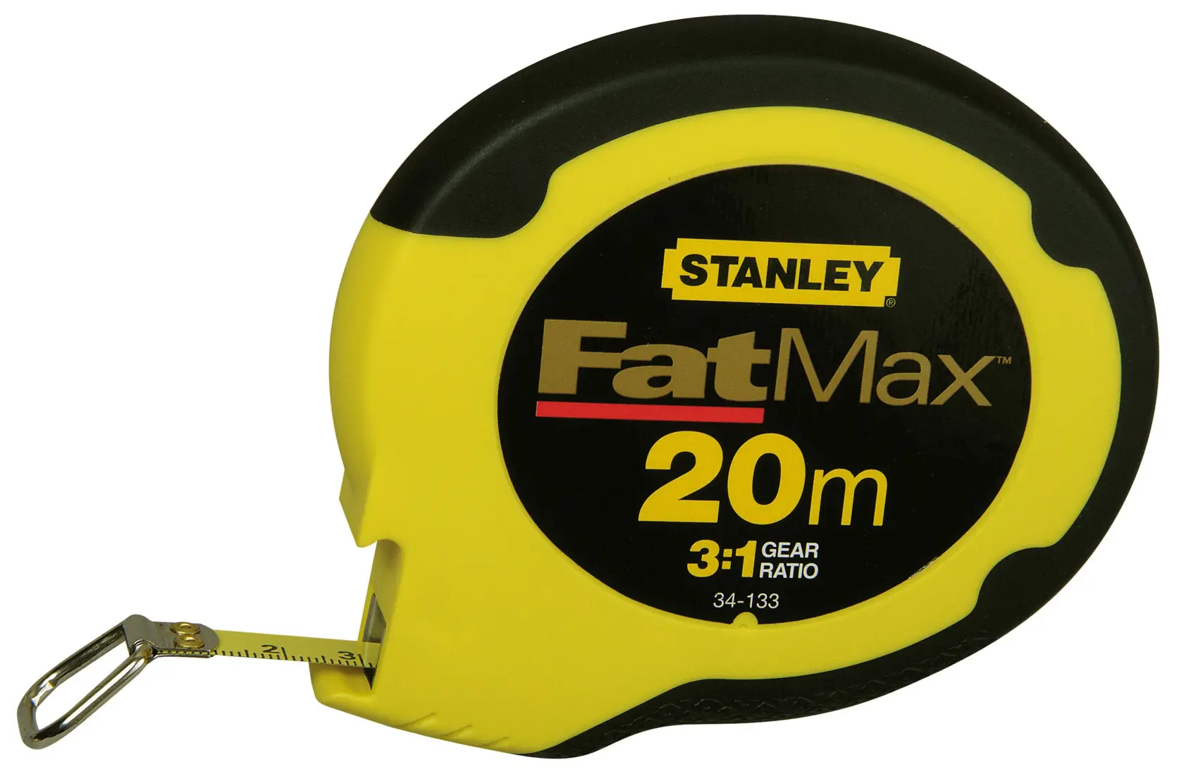 Stanley FatMax 20m yellow tape measure, black and yellow case, metal end hook visible.
