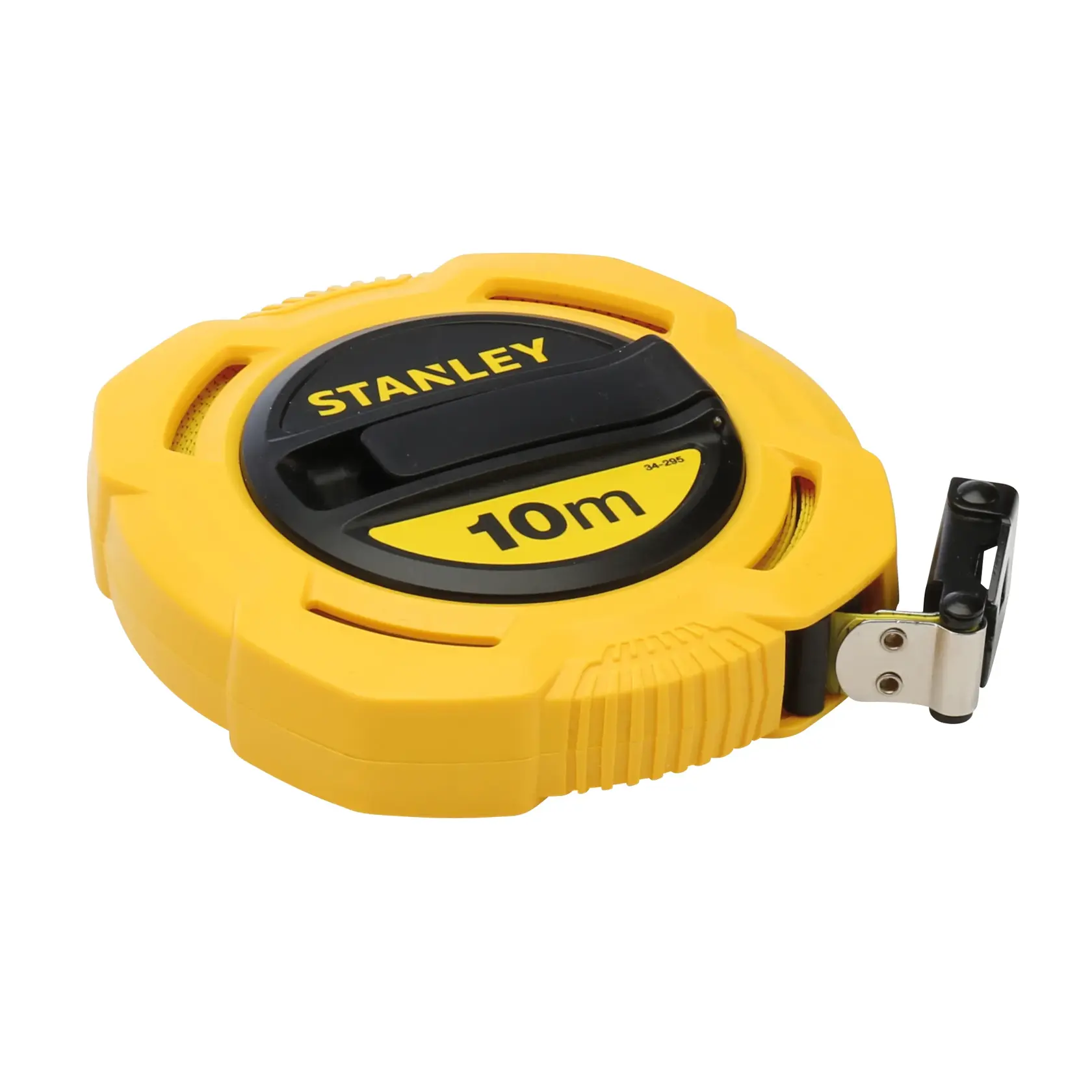 STANLEY 0-34-295 yellow and black 10m closed reel tape measure, angled view on white background.